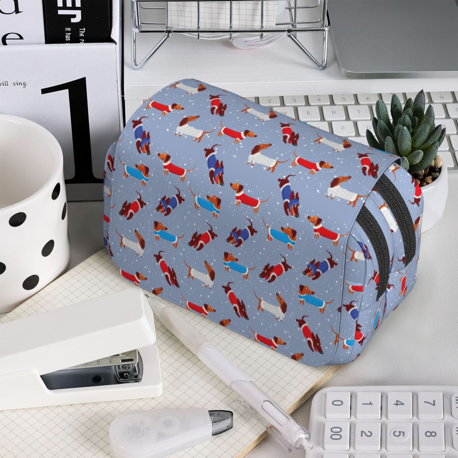 Rateoe winter Dachshund Pattern Double Clamshell Pen Case, Storage Organizer with Two Zipper Compartments– Holds Up to 50 Pencils & Pens