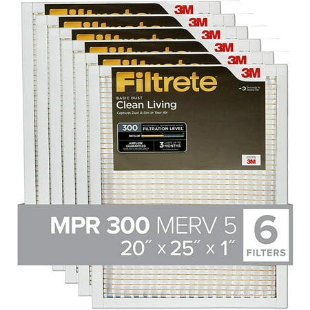 

Filtrete 20x25x1 AC Furnace Air Filter MPR 300 Clean Living Basic Dust 6-Pack (Exact Dimensions 19.69 x 24.69 x 0.81)