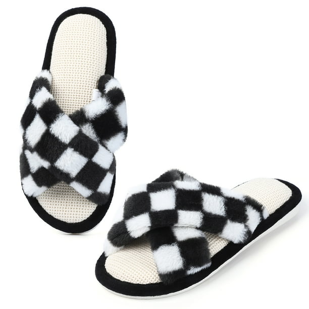 EastVita Fuzzy Cross Band Slippers Soft Plush Furry Fur House Shoes