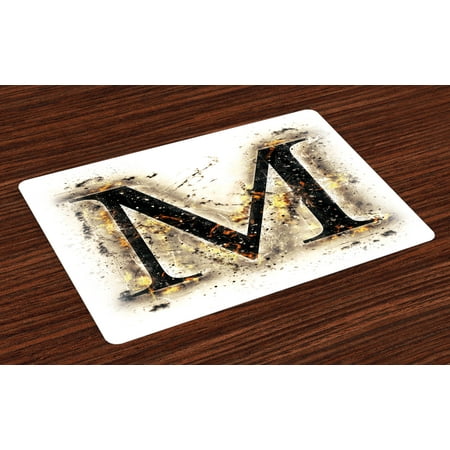 Letter Writing Set - Letter M Placemats Set of 4 Language Writing School Themed Name Initials in Fire Background Steamy Print, Washable Fabric Place Mats for Dining Room Kitchen Table Decor,Tan Black Orange, by Ambesonne