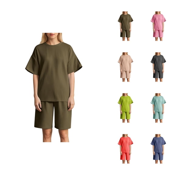 Short Sets for Women Loose Fit Short Sleeve Crewneck T Shirt and Shorts 2 Piece Matching Set Summer Loungewear