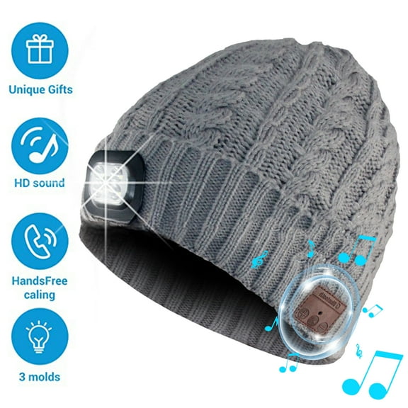 HESHENG Bluetooth Wireless Knitted Beanie Hat, 5.0 Bluetooth Beanie Hat Build-in Microphone& Speaker, Handsfree LED Headlamp Hat for Unisex