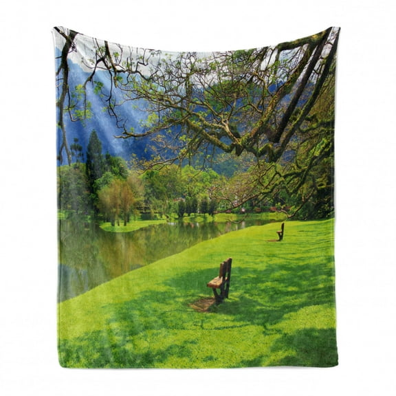 Nature Soft Flannel Fleece Throw Blanket, Panoramic View of Public Lake Garden at Park Idyllic Landscape, Cozy Plush for Indoor and Outdoor Use, 60" x 80", Lime Green Violet Blue, by Ambesonne