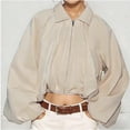 thumbnail image 5 of Lutiedan Cropped Zip Up Jacket for Women Lapel Puff Long Sleeve Pleated Coat Casual Baggy Trendy Colid Color Outerwear,Khaki,M, 5 of 6