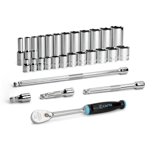 Capri Tools 3/8 in. Drive Master 6-Point Chrome Socket Set, 5/16 to 1 in., with Extension and 90-Tooth Soft Grip Ratchet, 29-Piece, SAE