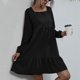 thumbnail image 3 of Vestido de cuello cuadrado para mujer, color puro, suelto, informal, con lazo en la espalda, vestido de manga larga con volantes para citas, negro XL, 3 of 7