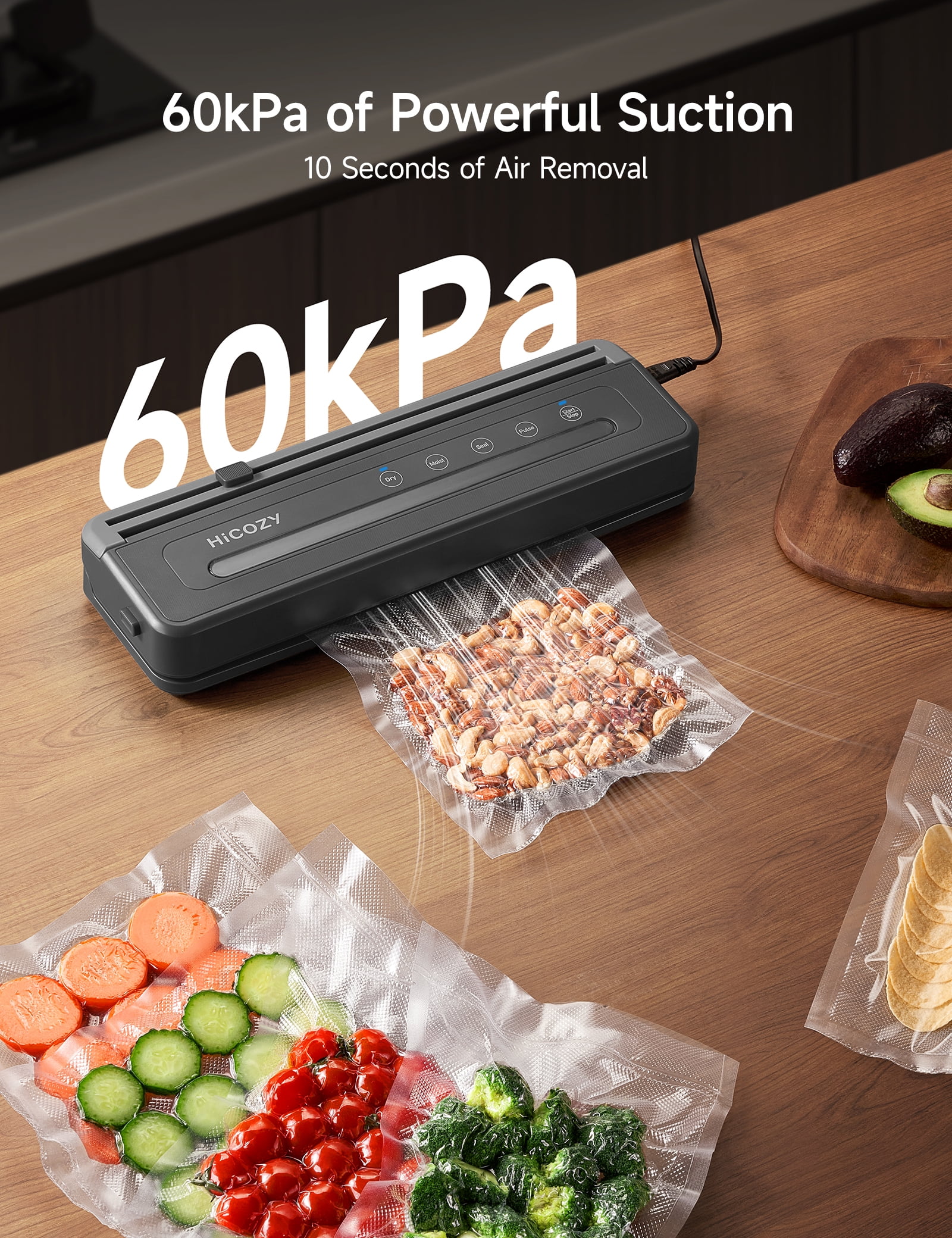 HiCOZY Vacuum Sealer Machine With 10 Vacuum Bags, Gray