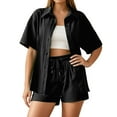 thumbnail image 2 of Women 2 Piece Outfits Long Sleeve Button Down Blouse And Shorts Shirts Sets Black L, 2 of 7