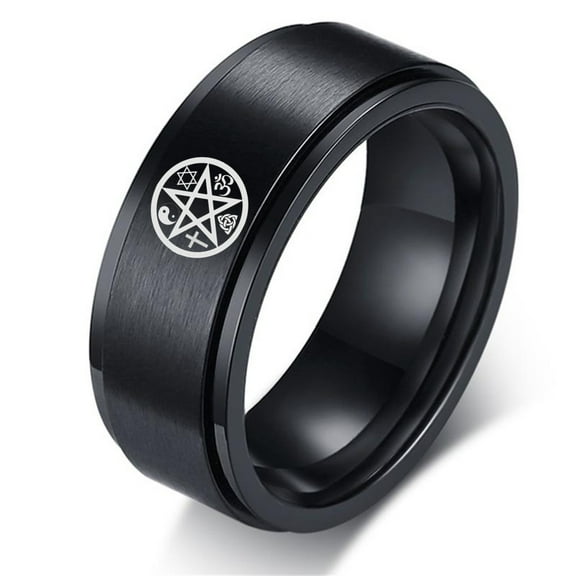 Supernatural Pentagram Pentacle Spinner Ring, Cross Star of David Yin Yang OM Triquetra Multi-religious Symbols Amulet Finger Ring, Sacred Protection Jewelry for Men Women, #10, Black