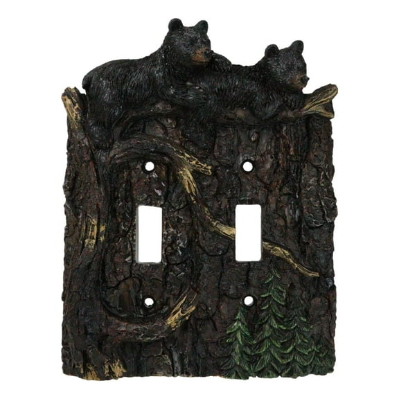 Set of 2 Rustic Forest Black Bears Climbing Tree Double Toggle Switch Covers