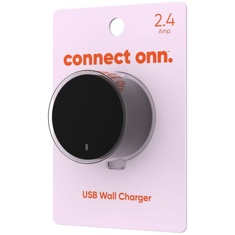 onn. 2.4A USB Wall Charger, Black, Travel friendly plug folds for  easy,Simply plug your USB device into our USB Charger 