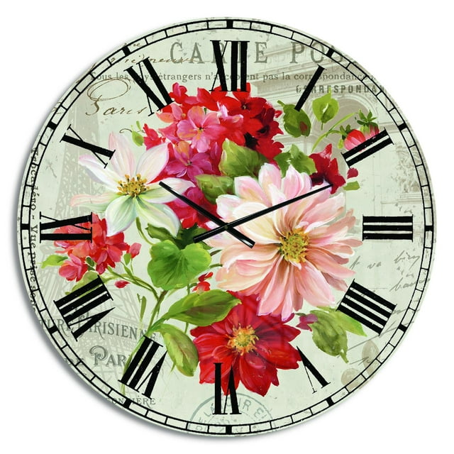 Designart « Fleurs Peintes Rouges sur Carte Postale Vintage II » Horloge Murale de Style Ferme