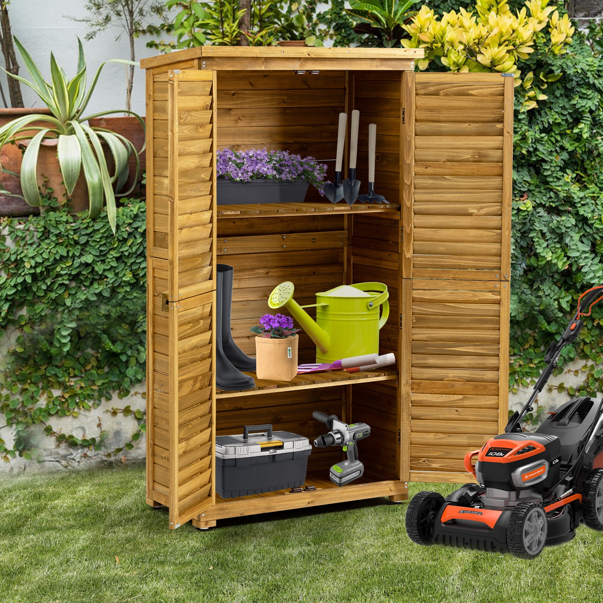 Outdoor Storage Cabinet Wood, Garden Shed Pool Storage Shed with Lockable Door for Patio Backyard, Natural
