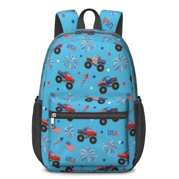 Monster Cartoon Truck Blue Pattern 17" Waterproof Oxford School Backpacks for Teens, S-Shape Padded Straps, for School, Travel, Hiking, Camping