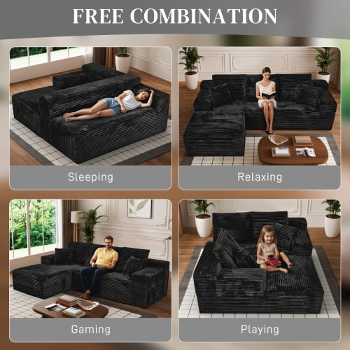 107" Modular Cloud Combination Sofa, L-Shaped Sleeper Sectional with Reclining Chaise, Rabbit Hair Corduroy, Deep Seat, Black