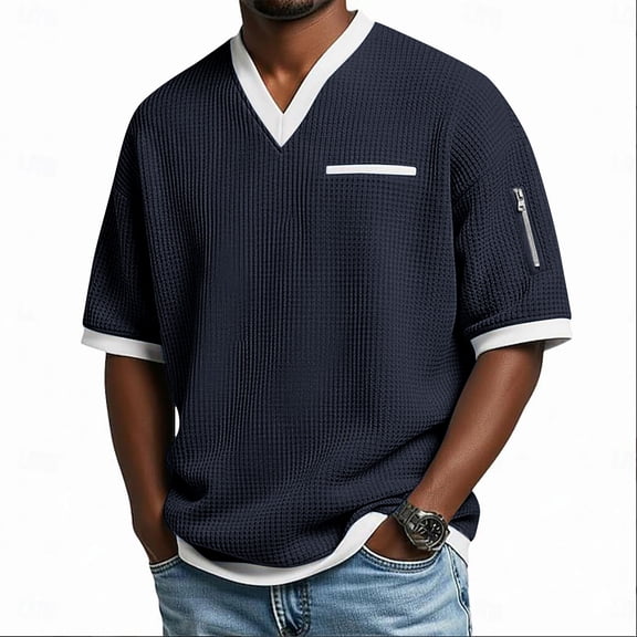 Kalauyu Men's Waffle Shirts V Neck Tee with Pocket Short Sleeve Textured Knitted Summer Casual Basic Tops