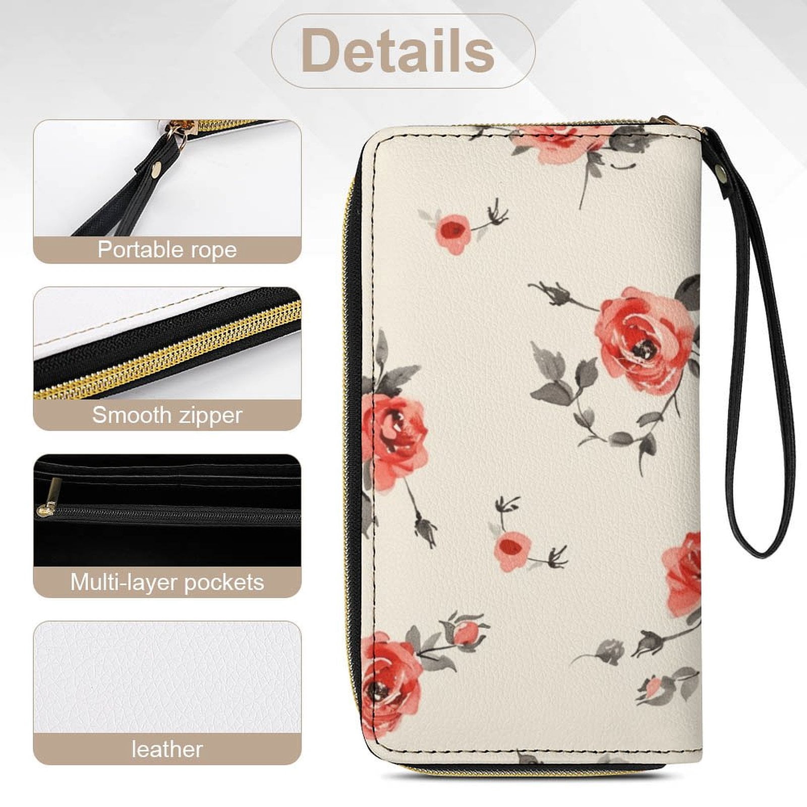 Womens Wallet Bifold Ladies Cluth Bag Wristlet Wrist Strap Long Purse Rose Pattern Design