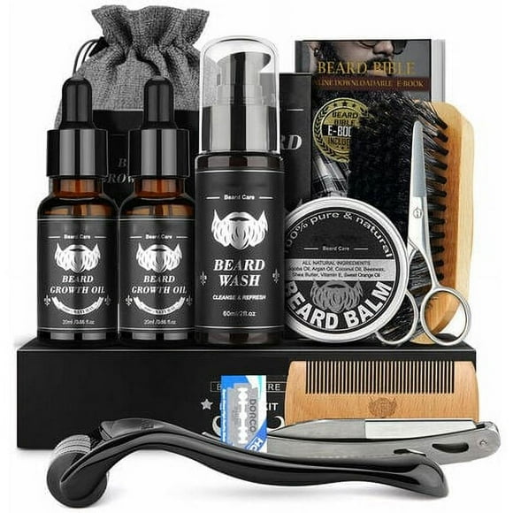 Complete Men's Beard Kit Men's Beard Care Kit with Beard Roller Contains Beard Shampoo, Beard Oil, Beard Creams, Beard Comb, Beard Brush, Beard Scissors, Razor, Beard Blades