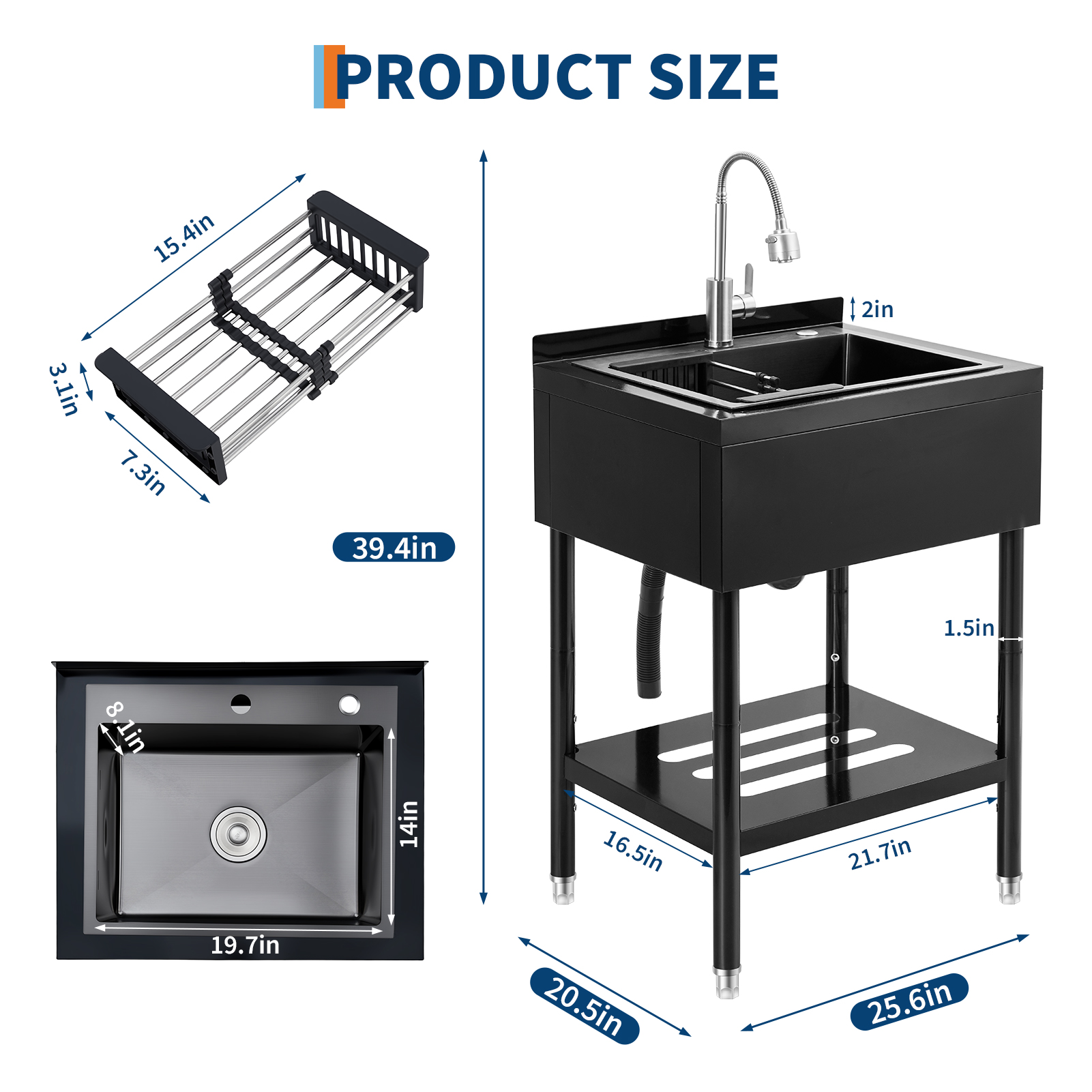 Amkui Stainless Utility Sink, Freestanding Outdoor Sink with Adjustable Legs, Storage Shelf,S-Hooks & Hot Cold Water Pipes, Kitchen Single Stainless Sinks for Laundry, Garage