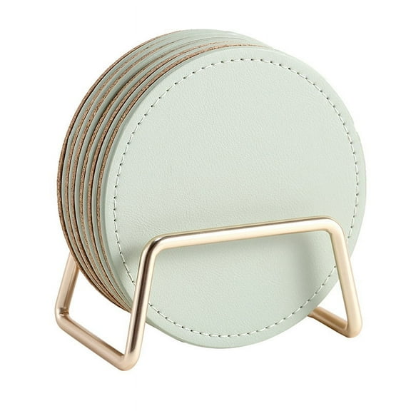 Nvzi Coaster Set of 6 with Metal Holder, Leather Coasters for Drinks with Cork Base, Green Coaster for Coffee Table, House Warming Gift for New Home Decor