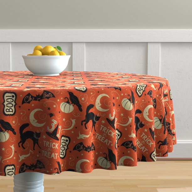 Round Tablecloth Retro Halloween Kitsch Vintage Crow Trick Or Cotton