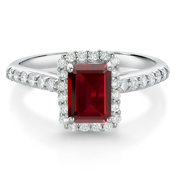 Gem Stone King 10K White Gold Red Garnet and White Lab Grown Diamond Halo Engagement Wedding Ring for Women (2.14 Cttw, Emerald Cut 7X5MM, Size 5)