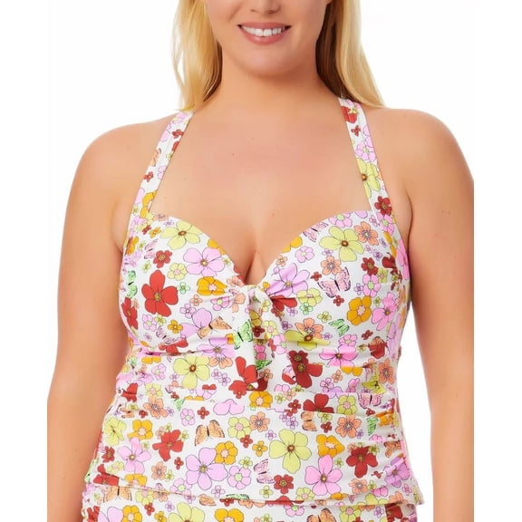 California Waves WHITE MULTI Plus Size Floral Print Tankini Swim Top, US (12-14)