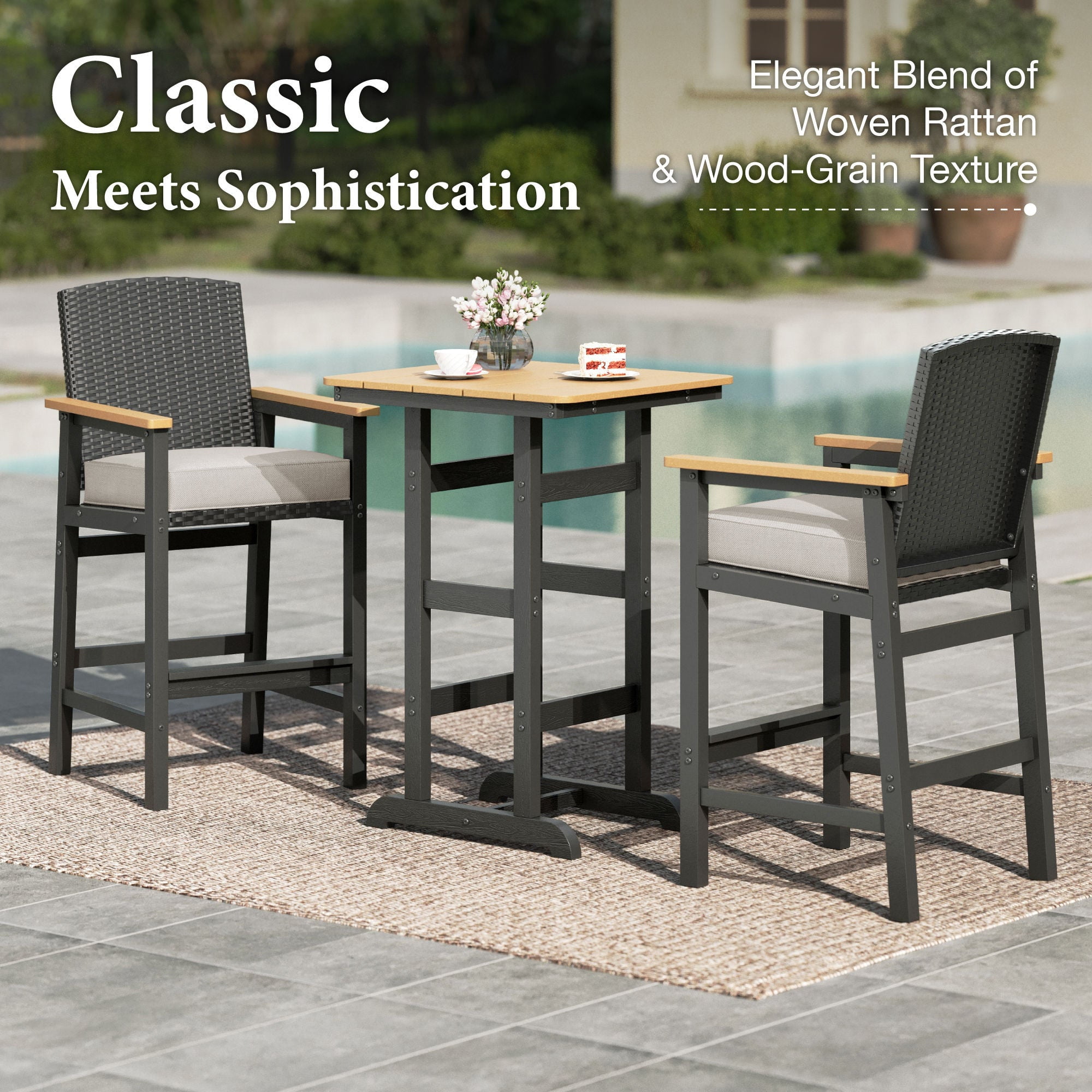 MF Studio 3-Piece HDPE Outdoor Bar Table and Chairs Set, Patio Dining Bar Bistro Table Set with Oversize Counter High Bar Stool, Black