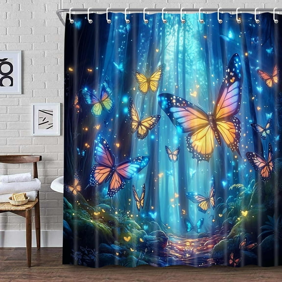 Navy Blue Shower Curtain Magic Fairy Tale Gemstone Blue Forest Funny Butterfly Shower Curtain for Bathroom, Modern Fabric Cloth Waterproof Bath Curtain with Hooks