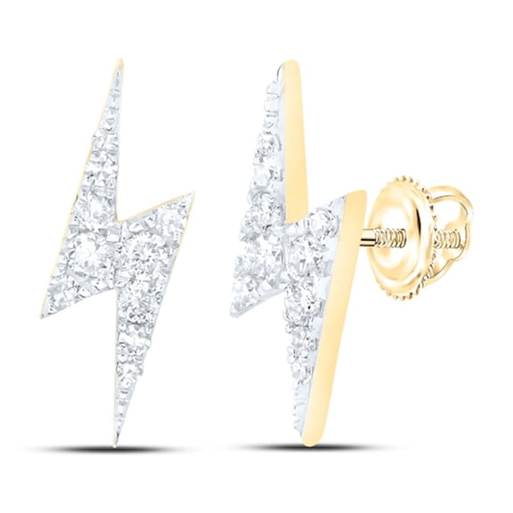 10K Yellow Gold Round Diamond Lightning Bolt Earring 15mm Statement Stud 1/6 CT.
