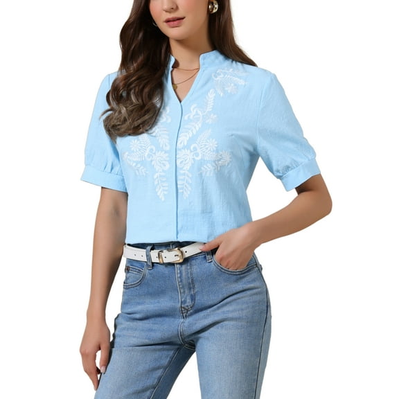 INSPIRE CHIC Summer Tops for Women Cotton Floral V Neck Short Sleeve Shirt Embroidered Blouses Tunic S Blue