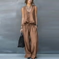thumbnail image 3 of Womens Plus Size Two Piece Sets Summer Spring Outfit Sets 100%Cotton Ruffled Tank Top and Flowy Palazzo Trousers, 3 of 9