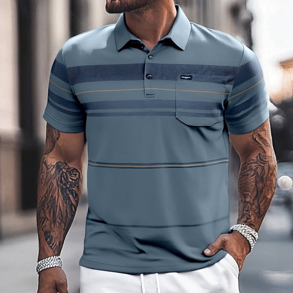 Polos for Men Business Short Sleeve Color Blocked Striped Lapel Button T Shirt Pocket Loose Comfortable Trade Casual Men Polo Shirts Blue L