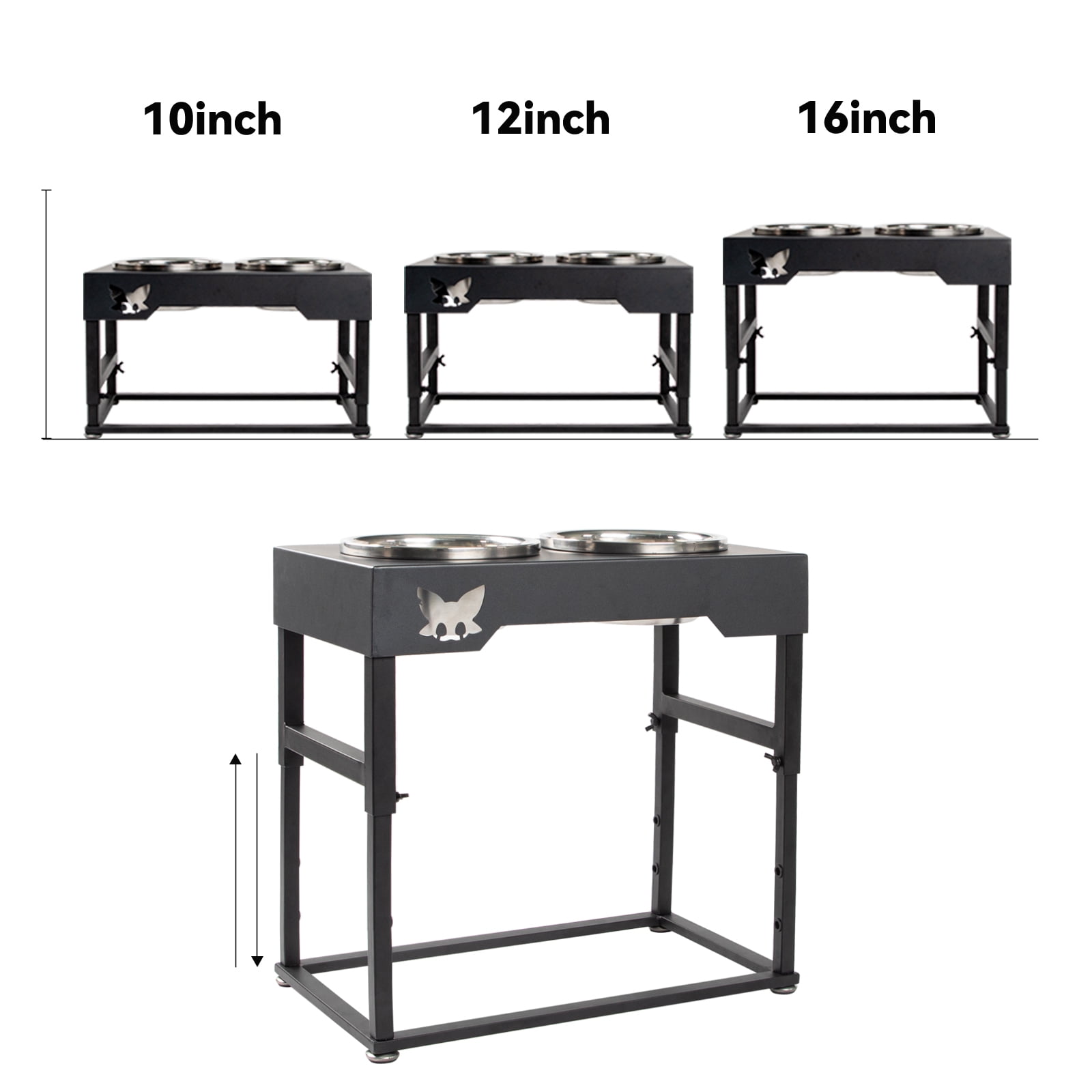 KITGO Metal Elevated Dog Bowl with Two Stainless Steel Dog Bowls, Adjustable Height Pet Feeder, 3 Height Adjustable, Raised Dog Food Bowls for Small, Medium, and Large Dogs, Black