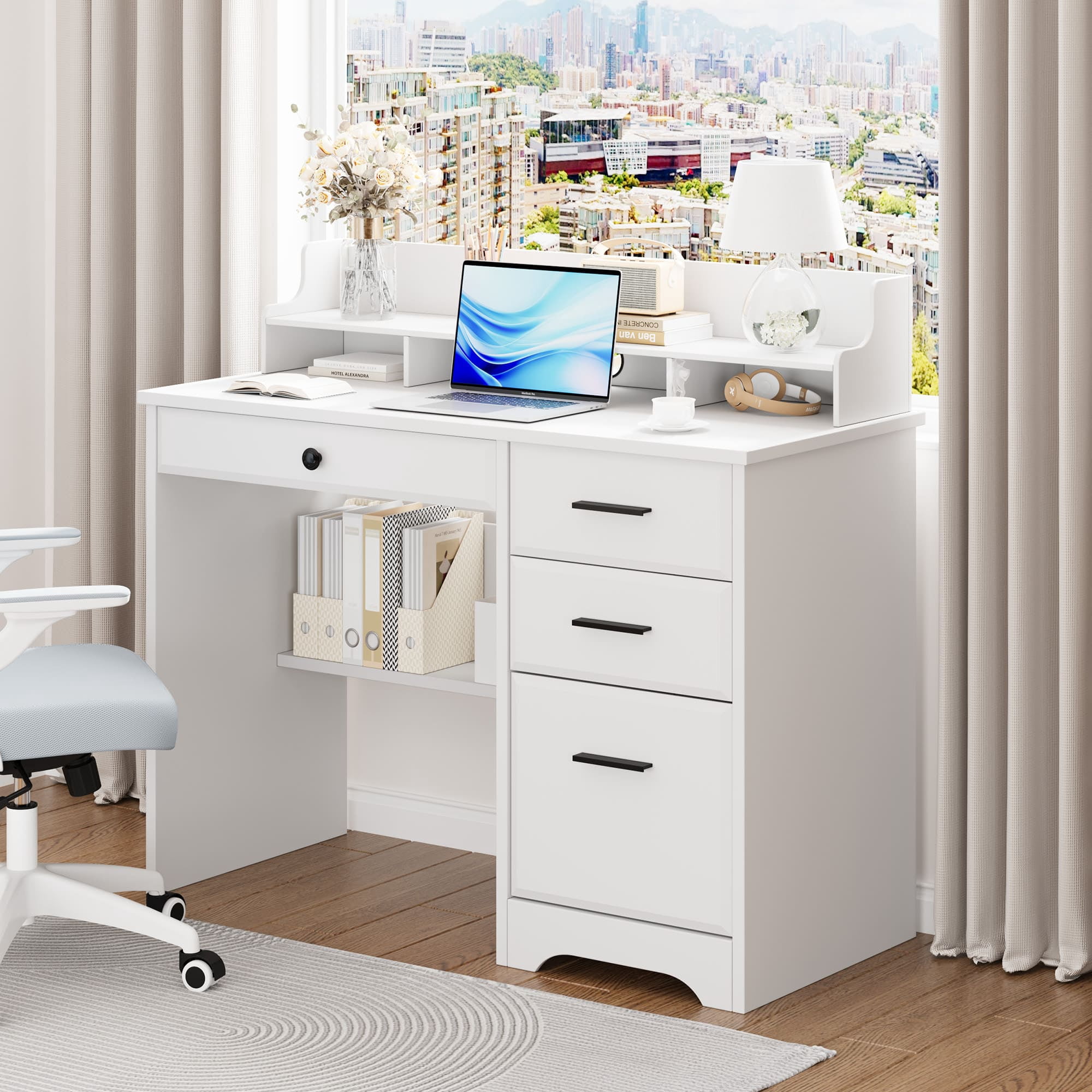 4 EVER WINNER White Home Office Computer Desk with 4 Drawers & Hutch, Modern Wood Study Writing Table for Bedroom, Home Office Furniture with Ample Storage Space