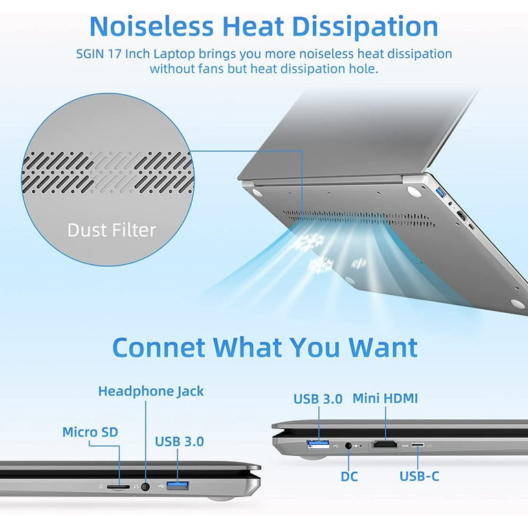 SGIN 17in Laptop 4GB DDR4 128GB SSD Windows 11 with Intel 4-Core Processor FHD 1920x1080