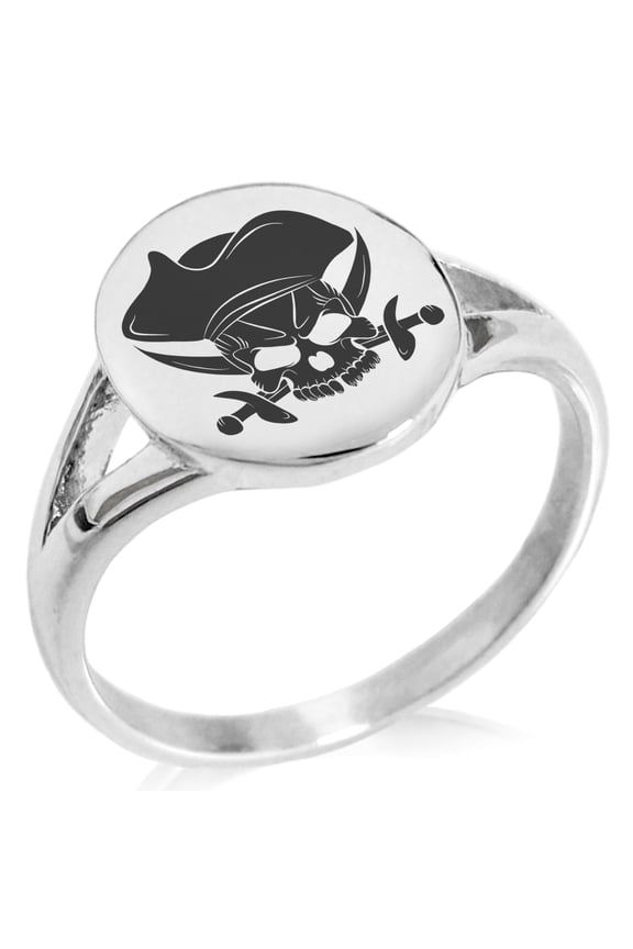 Stainless Steel Pirate Skull & Cross Swords Minimalist Oval Top Polished Statement Signet Ring