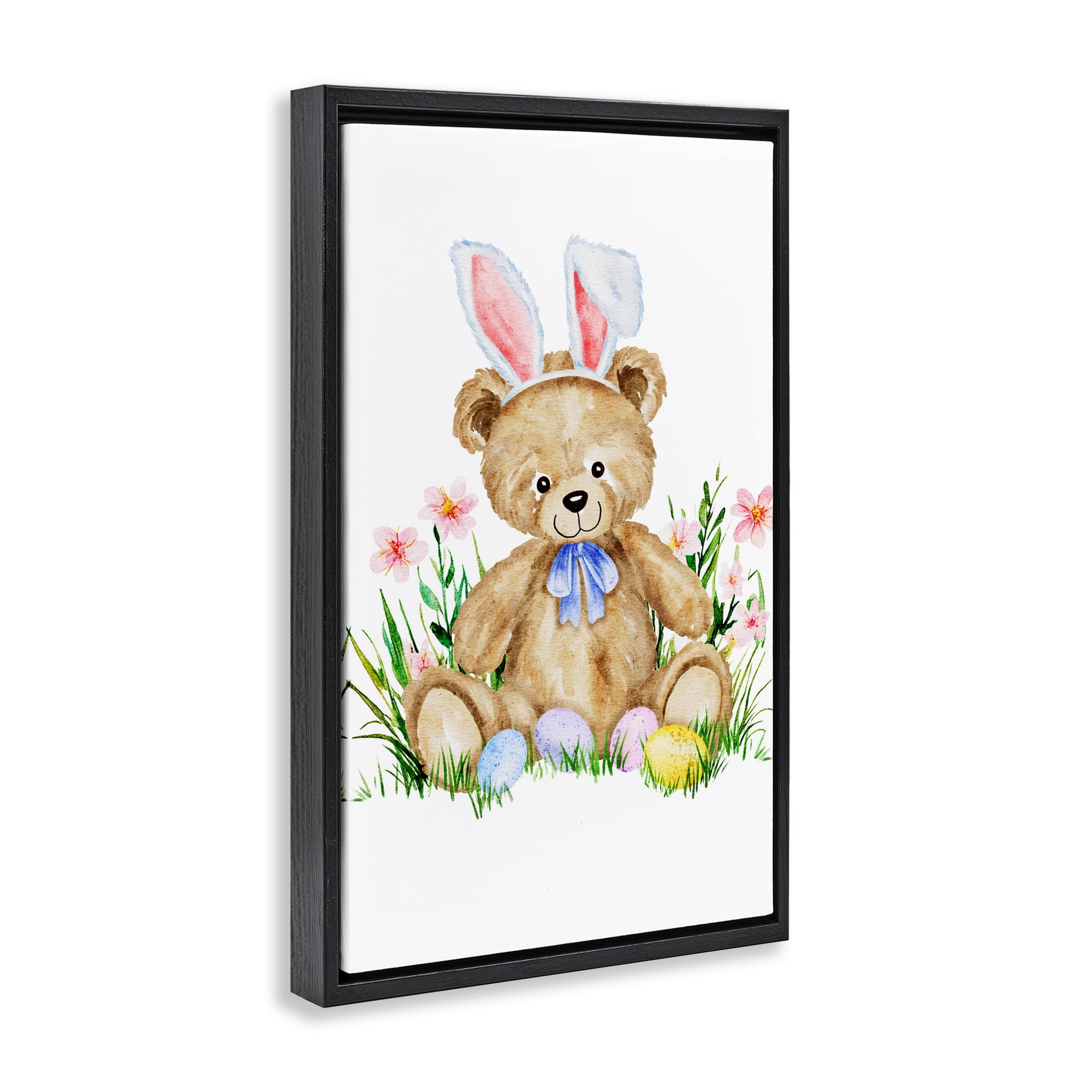 Springy Easter Teddy Bear Black Framed Floater Canvas Wall Art, design by Amy Hall