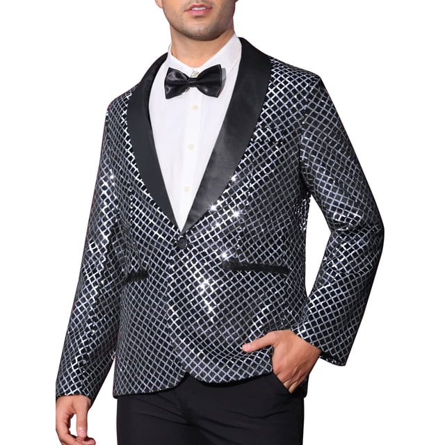 INSPIRE CHIC Blazers para Hombre Chaquetas de Traje de Lentejuelas Brillantes Metálicas de Cuadros Argyle S Plata