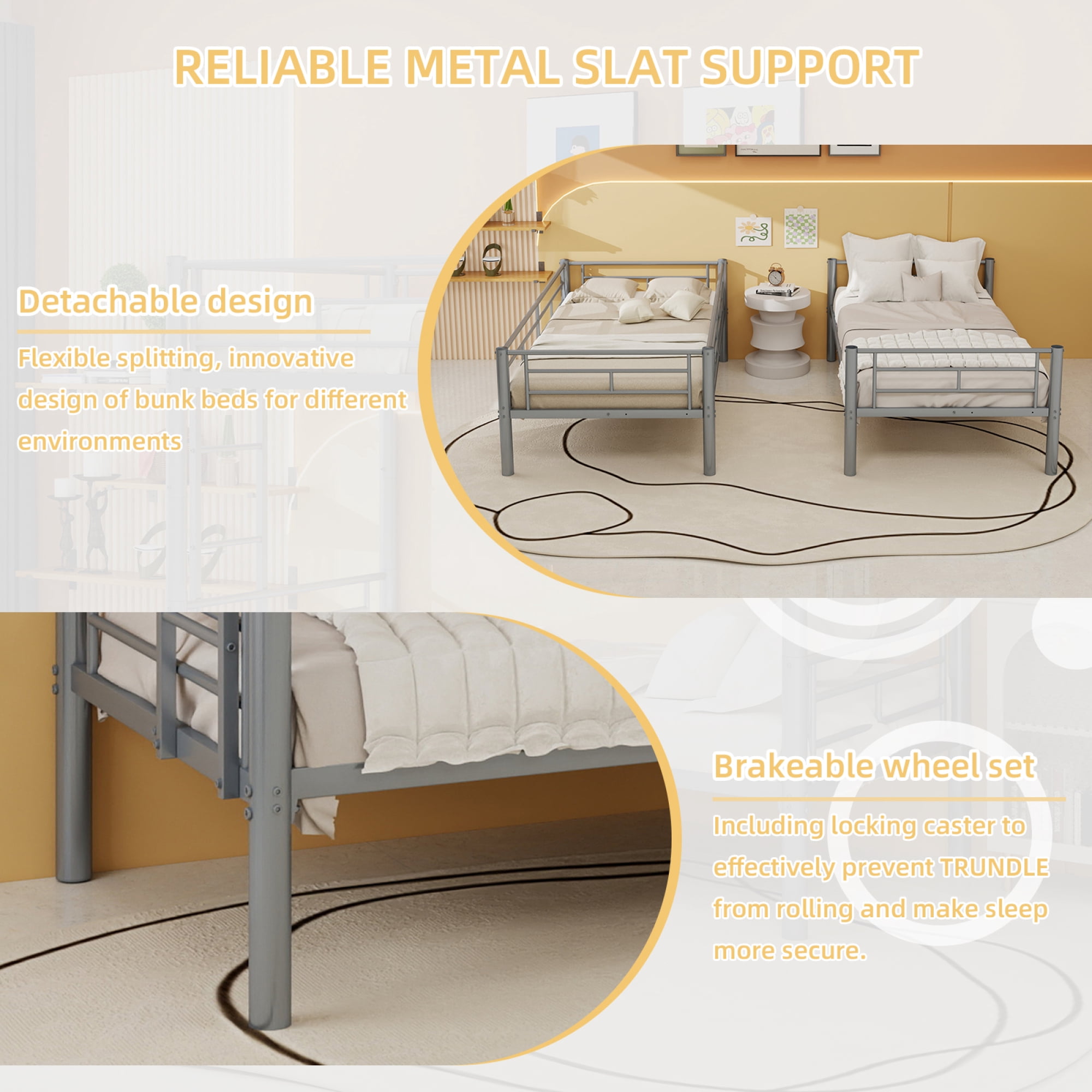 Twin over Twin Bunk Bed with Ladder and Safety Guardrails, Metal Bunk Bedframe for Kids Boys Girls, can be convertible into 2 Beds, No Spring Box Required
