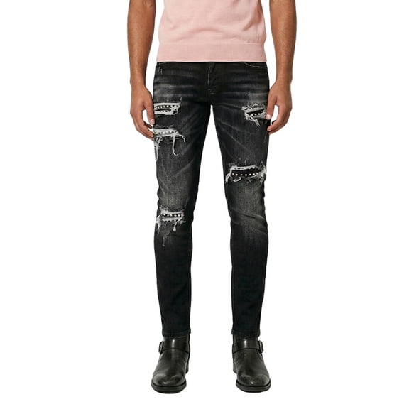 Blukraf Men's Stretch Slim Fit Jeans, Ripped Studded Distressed Skinny Denim Pants