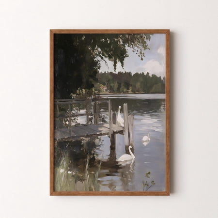 Vintage Swan Lake Neutral Moody Landscape With Swans Wall Art, Thoughtful Coastal Theme For Bedroom And Coastal Room Decor