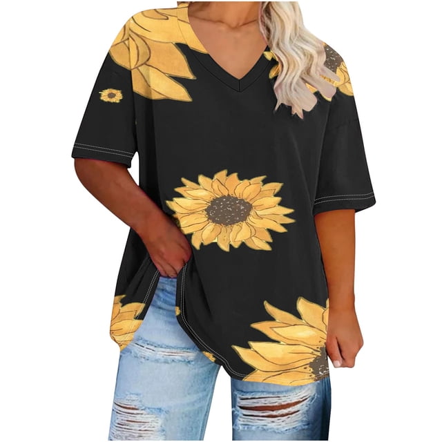 Camisetas Casuales de las Mujeres de Manga Corta de Cuello en V Oversized Camiseta Deportiva de Verano, Top Impreso Casual