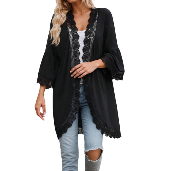Peichun Women's Lightweight Swimwear Lace Cover Up Summer Beach Vacation Sheer Mesh Breathable Outwear Casual Pure Color 3/4 Sleeve Open Front Loose Cardigan Cover Ups Black S