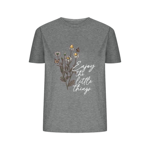 Camisetas de Verano de Mujer Pequeña Flor Impresa Cuello Redondo Manga Corta Superior, Verano Superior de las Mujeres