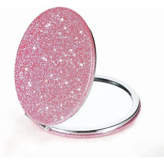 Pink Glitter Folding Compact Mirror Double Sided 1x 2x Magnification Travel Purse Makeup Mirror