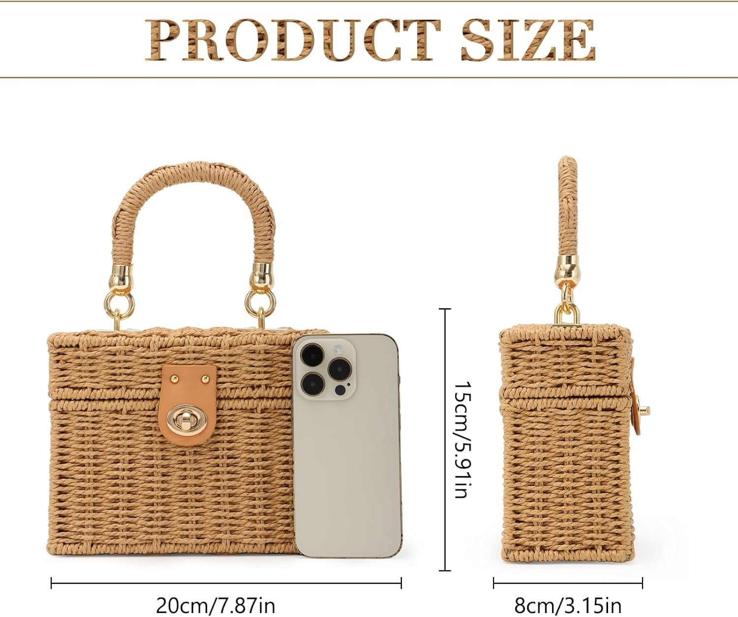 Women Handwoven Rattan Handbag Beach Straw Tote Bag Square Boho Crossbody Bag