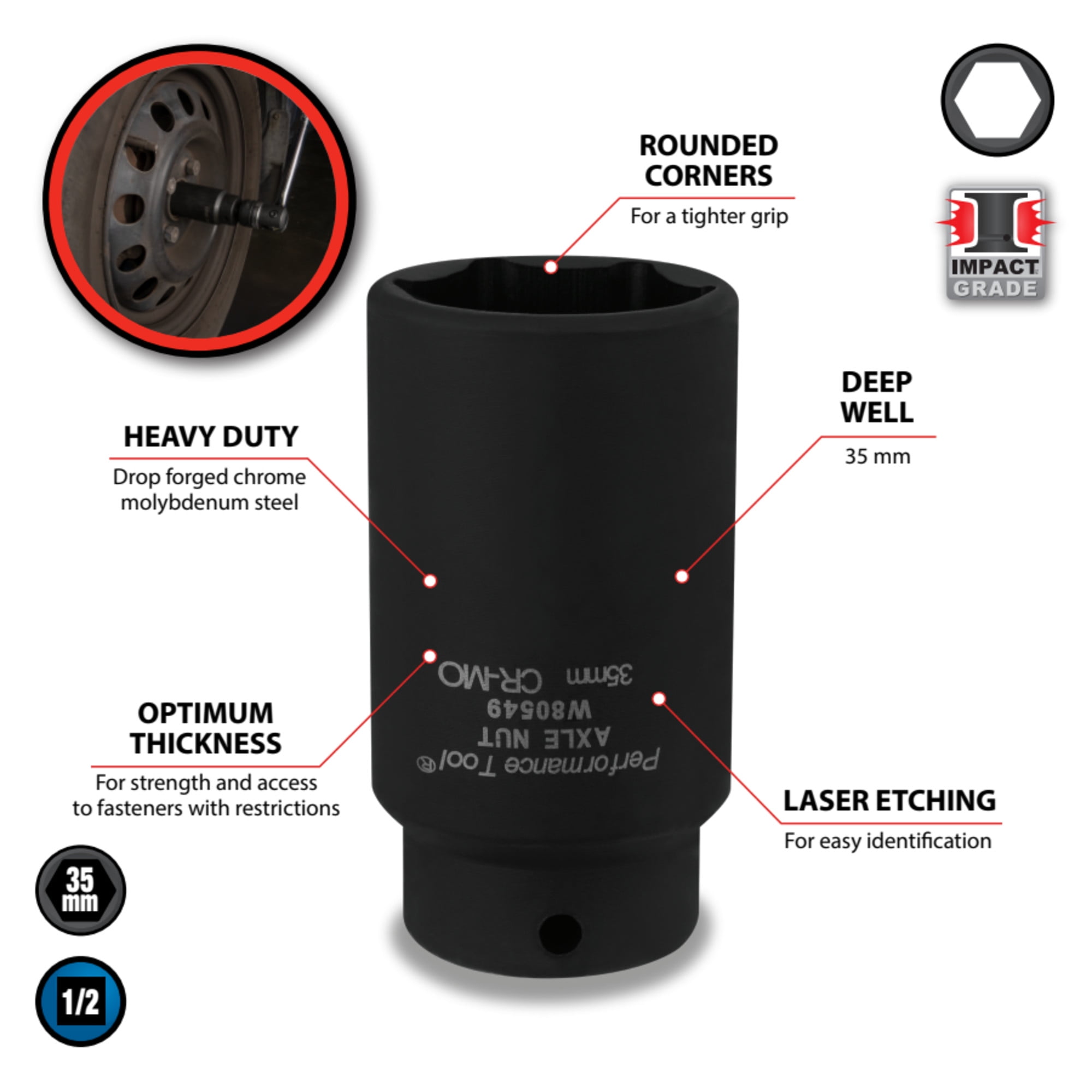 Performance Tool, Front Wheel Drive Axle Nut Socket, W80549 35mm