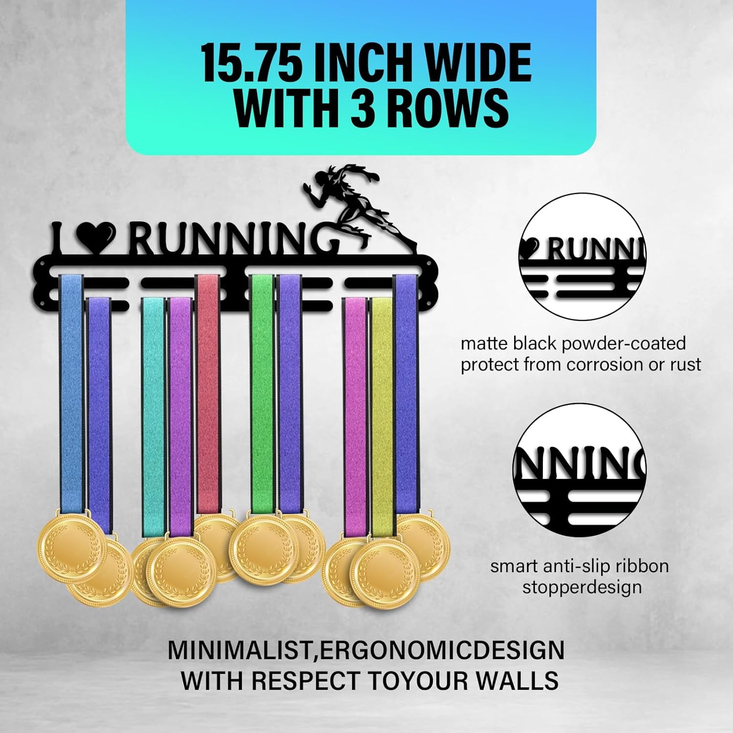 Medal Display Hanger Holder Running Pattern Medal Holder 15.7" Awards Ribbon Hanger Medal Display Wall Rack Sports Medal Hanger Display for Sports Athletes Awards Ribbons Cheer