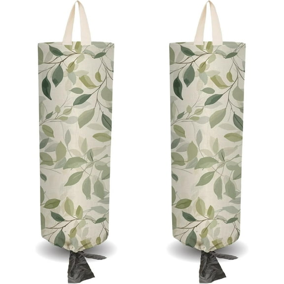 2Pcs Green Leaves Plastic Grocery Bag Holder with 4Pcs Hooks Reusable Wall Mount Heavy Duty Shopping Storage Bag Sack Canvas Waterproof Washable Organizer Dispenser for Home Kitchen Store Mixed Color